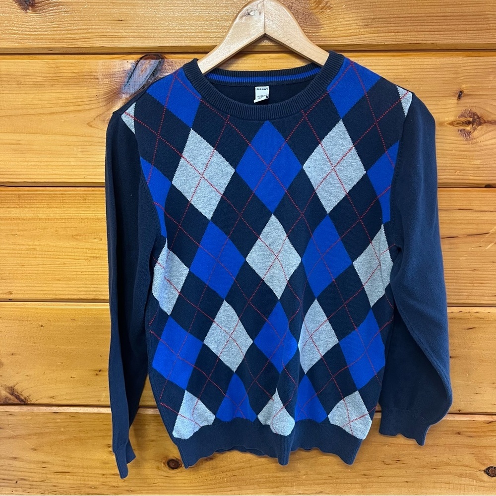 Old Navy Cotton Boys 14/16 Long Sleeve Blue and Gray Argyle Crewneck Sweater